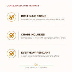 Natural Lapis Lazuli cross pendant by Evashu Crystals - view 2 - 02 benefits lapis lazuli cross pendant