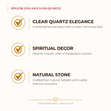 Load image into Gallery viewer, Natural Sphatik clear quartz Lingam approx. 2.5 inch by Evashu Crystals - view 2 - 02 benefits sphatik lingam
