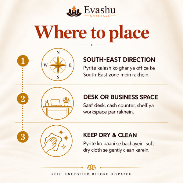 Natural Pyrite 4 cm crystal Kalash by Evashu Crystals - view 3 - 03 evashu pyrite kalash 4cm placement guide