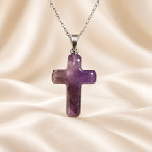 Load image into Gallery viewer, Natural Amethyst cross pendant by Evashu Crystals - view 4 - 04 amethyst cross pendant lifestyle product only
