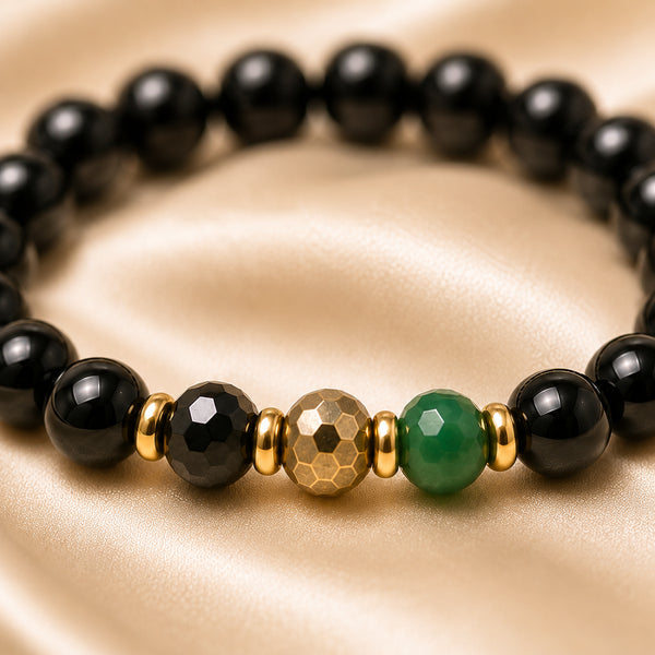 Close-up of Aquarius / Kumbh Rashi Bracelet with 8 mm beads and diamond-cut front accents