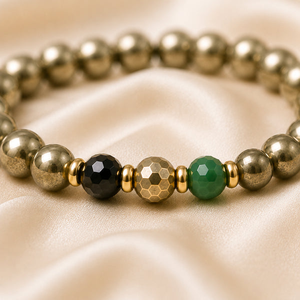 Close-up of Leo / Singh Rashi Bracelet with 8 mm beads and diamond-cut front accents