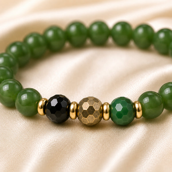 Close-up of Taurus / Vrishabh Rashi Bracelet with 8 mm beads and diamond-cut front accents
