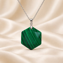Load image into Gallery viewer, Natural Malachite hexagon pendant by Evashu Crystals - view 4 - 04 malachite hexagon pendant lifestyle product only
