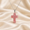 Natural Rose Quartz cross pendant by Evashu Crystals - view 4 - 04 rose quartz cross pendant lifestyle product only