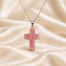 Load image into Gallery viewer, Natural Rose Quartz cross pendant by Evashu Crystals - view 4 - 04 rose quartz cross pendant lifestyle product only
