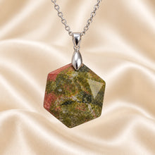 Load image into Gallery viewer, Natural Unakite hexagon pendant by Evashu Crystals - view 4 - 04 unakite hexagon pendant lifestyle product only
