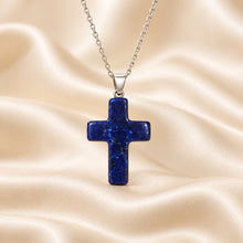 Load image into Gallery viewer, Natural Lapis Lazuli cross pendant by Evashu Crystals - view 4 - 04 lifestyle lapis lazuli cross pendant
