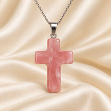Load image into Gallery viewer, Natural Rose Quartz cross pendant by Evashu Crystals - view 7 - 07 rose quartz cross pendant product close up
