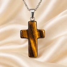 Load image into Gallery viewer, Natural Tiger Eye cross pendant by Evashu Crystals - view 7 - 07 closeup tiger eye cross pendant
