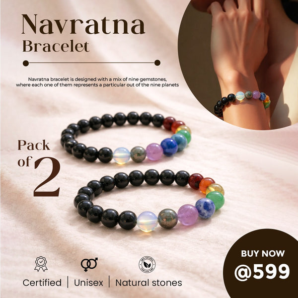 Pack of 2 Navratna Bracelet – Natural 9 Gemstone Bracelet for Balance, Harmony & Everyday Wear | Unisex Crystal Jewellery