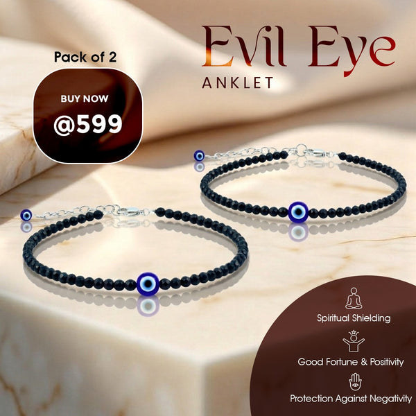 Pack of 2- Evil Eye Anklet with Black Tourmaline – Symbol of Ultimate Protection, Grounding, and Shielding – Nazar Suraksha Combo