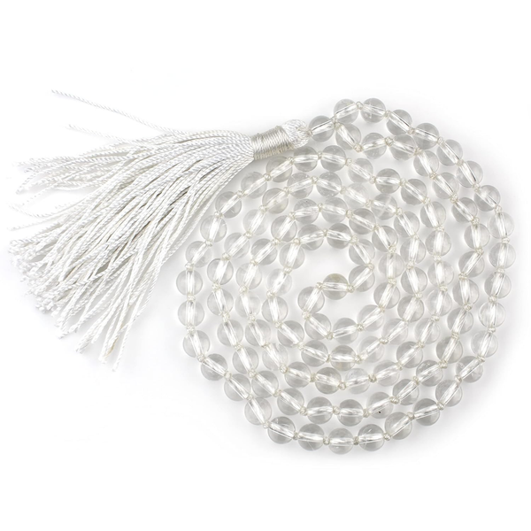 Certified Clear Quartz 108-bead mala for spiritual practice, displayed on a smooth white surface.