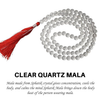 108-bead Clear Quartz Sphatik Japmala used for meditation and spiritual practice, displayed on a white