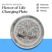 Load image into Gallery viewer, Selenite Charging Plate/Wand Engraved with Flower of Life for Reiki Healing, Crystal Meditation, and Cleansing Negative Energy
