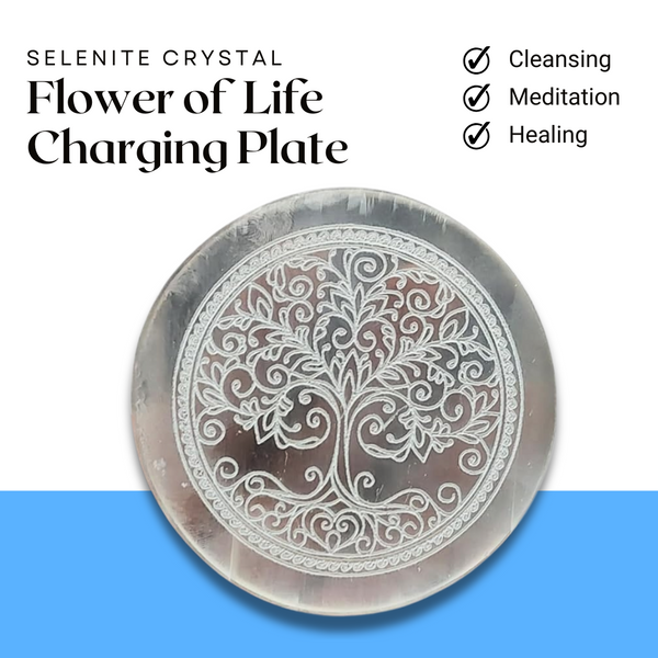 Selenite Charging Plate Engraved with Flower of Life — Healing Stone for Reiki & Crystal Meditatio
