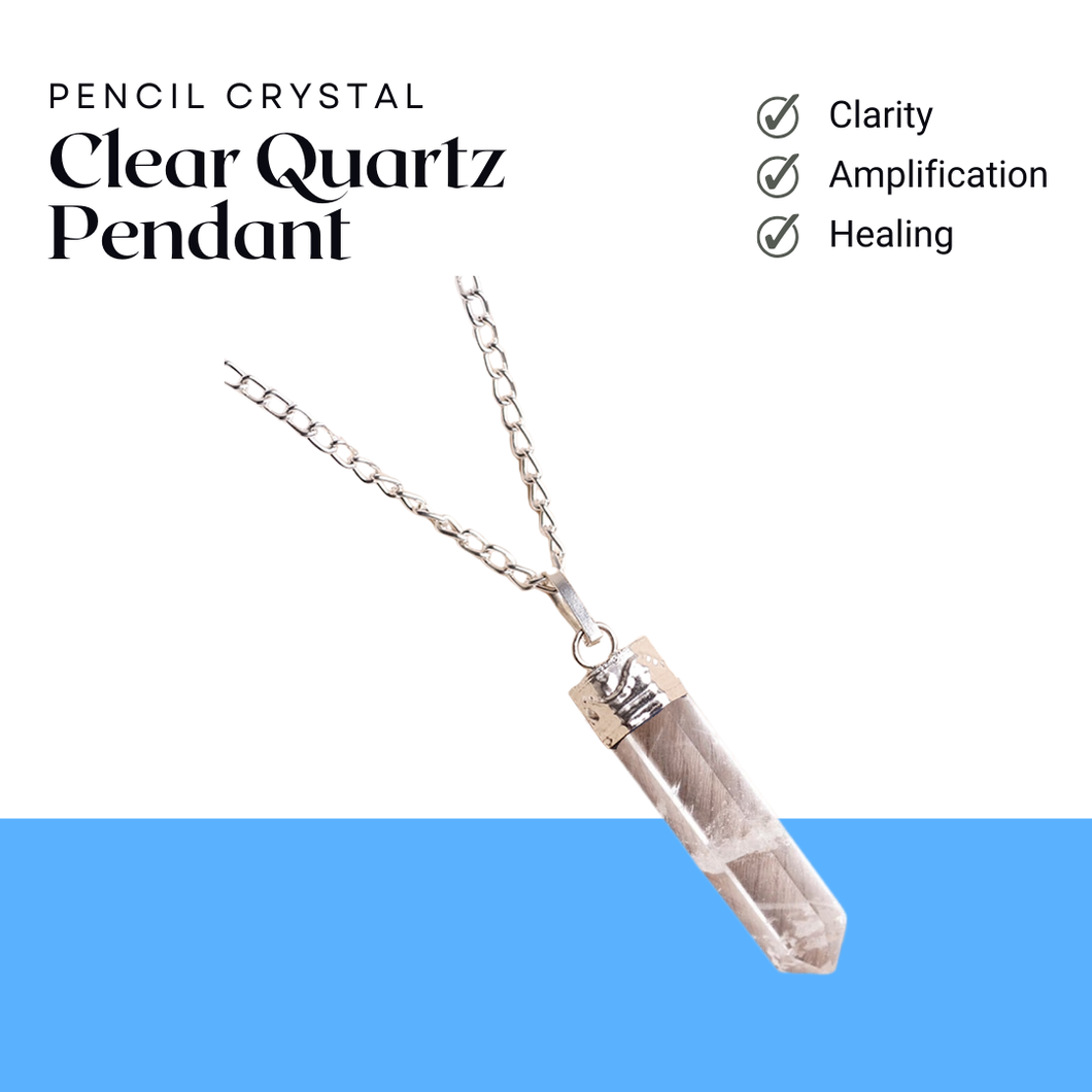 Clear Quartz Pencil Pendant with Chain - Helps in Clarity, Energy Amplification, and Healing - Suitable for All