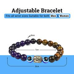Certified Tiger Eye with Amethyst & Evil Eye Stone Bracelet: A Symbol of Strength, Balance & Positivity  for Unisex