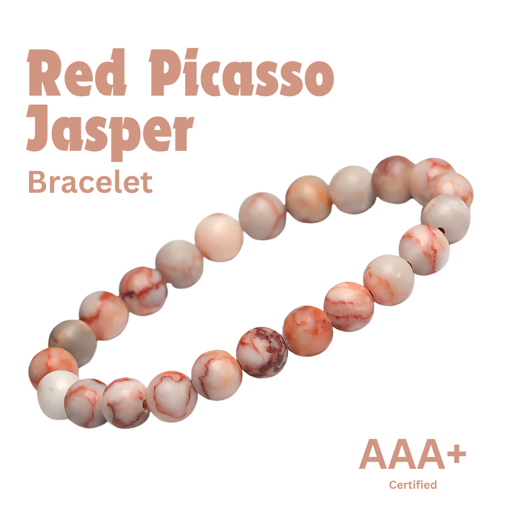 Close-up of Red Picasso Jasper bracelet showing intricate details and natural Red Picasso Jasper stone.