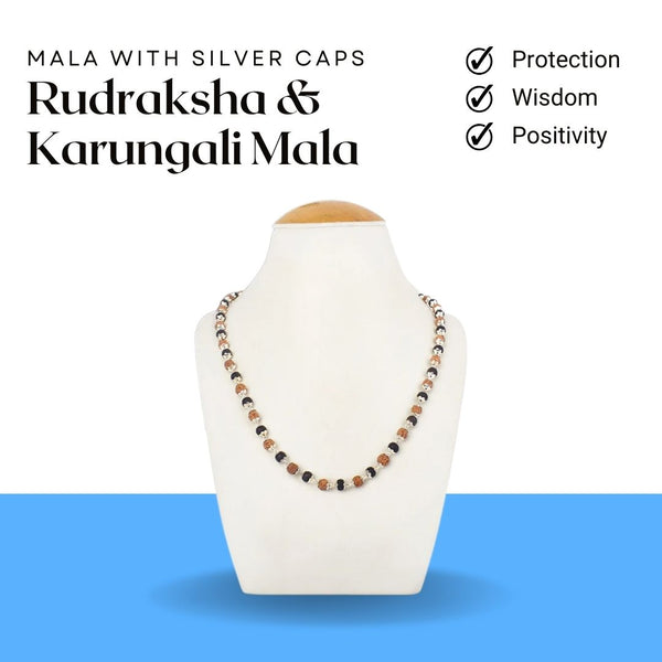 Rudraksha & Karungali Mala with Silver Caps – Symbol of Protection, Wisdom, and Positivity