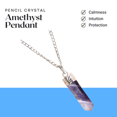 Amethyst Pencil Pendant with Chain - Helps in Calmness, Intuition, and Spiritual Growth - Suitable for All