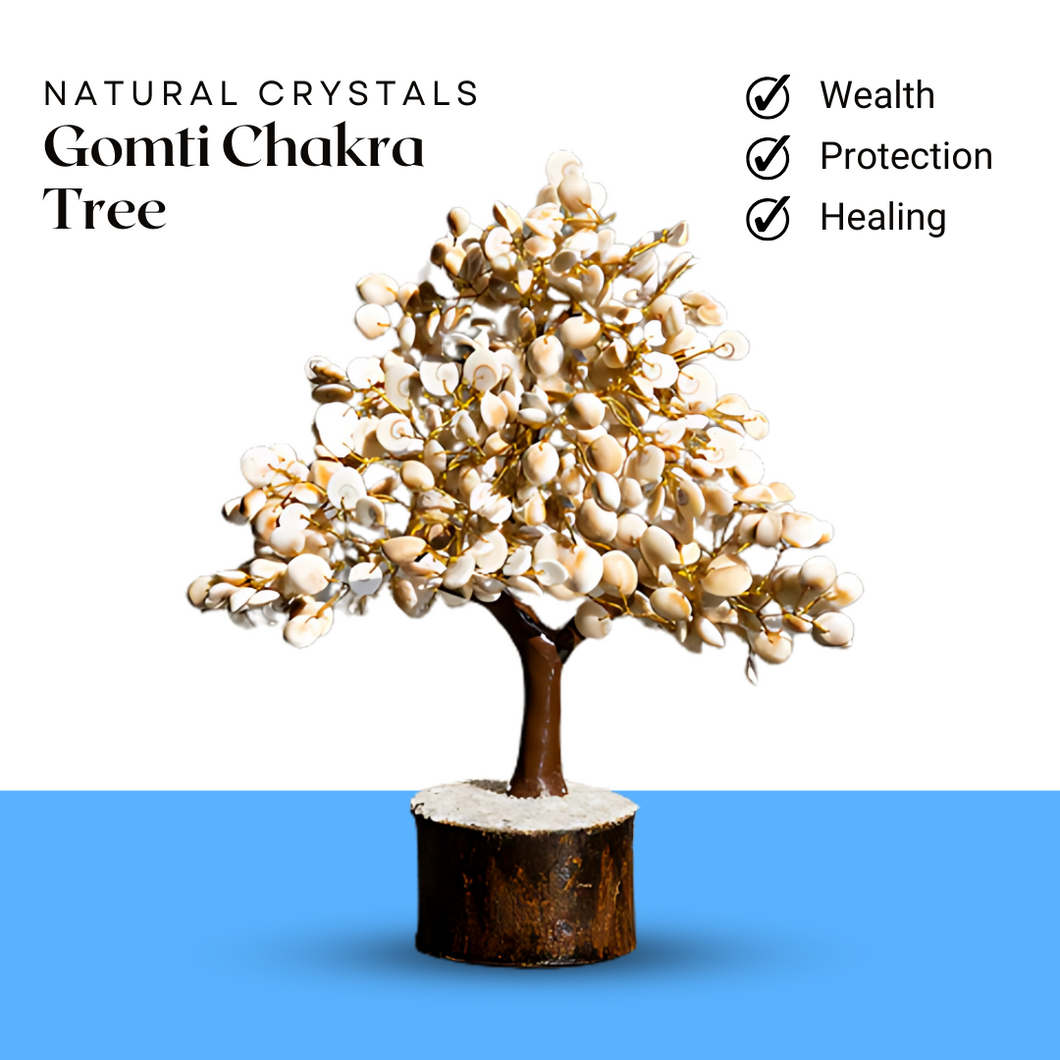 Crystal Gomati Chakra Tree with Original Gomti Chakra – Good Luck & Positive Energy | Home Décor Showpiece (Small, 100 Beads, White, Crystal)