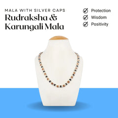 Rudraksha & Karungali Mala with Silver Caps – Symbol of Protection, Wisdom, and Positivity