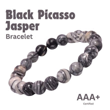 Load image into Gallery viewer, Close-up of Black Picasso Jasper bracelet showing intricate details and natural Black Picasso Jasper stone.
