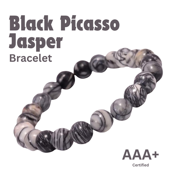 Close-up of Black Picasso Jasper bracelet showing intricate details and natural Black Picasso Jasper stone.
