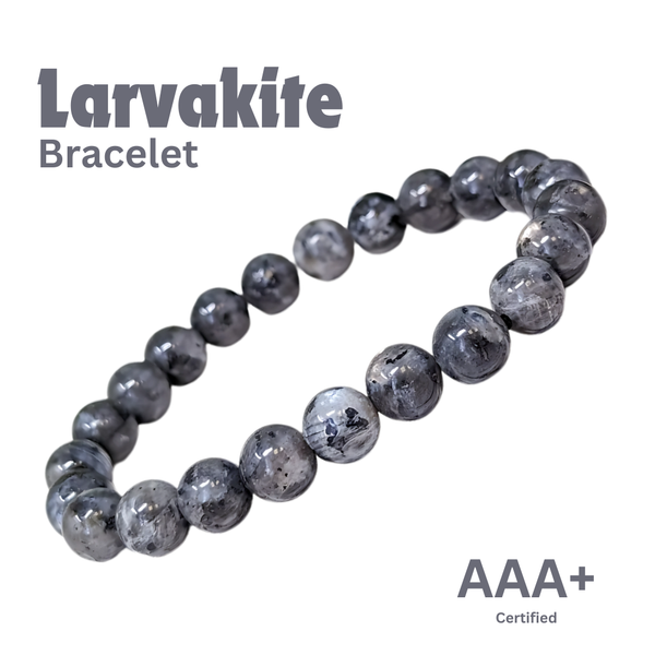 Close-up of Larvikite bracelet showing intricate details and natural Larvikite stone.