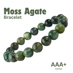 Close-up of Moss Agate bracelet showing intricate details and natural Moss Agate stone.