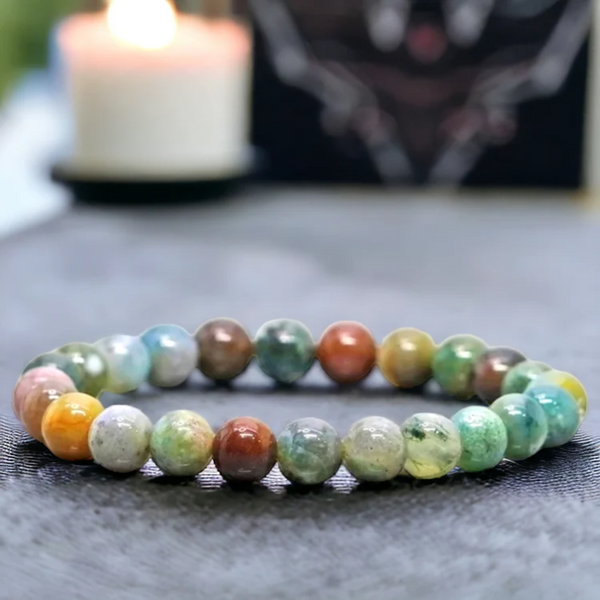 A collection of Indian Agate bracelet showcasing different styles and sizes along with their Indian Agate bracelet benefits.
