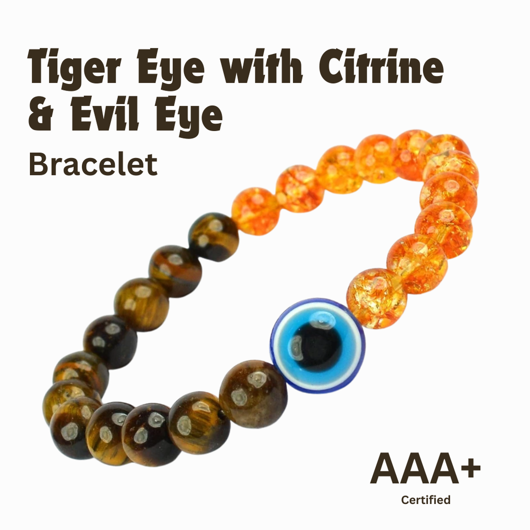 Certified Tiger Eye with Citrine & Evil Eye Stone Bracelet for Stability & Positivity Perfect for Unisex