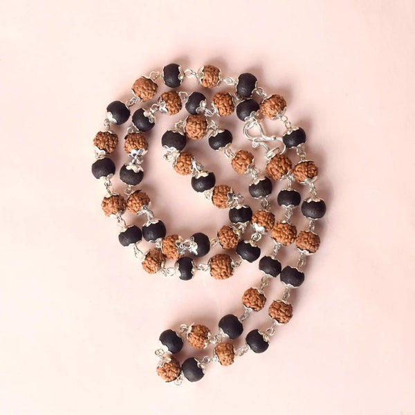 Rudraksha & Karungali Mala with Silver Caps – Symbol of Protection, Wisdom, and Positivity