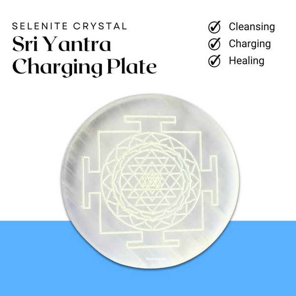 Selenite Plate Engraved Shri Yantra — Healing Stone for Crystal Cleansing, Recharging, Meditation & Pooja (3 Inches Round)