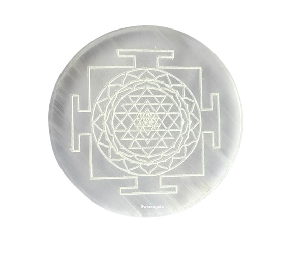 Selenite Plate Engraved Shri Yantra — Healing Stone for Crystal Cleansing, Recharging, Meditation & Pooja (3 Inches Round)