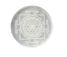 Load image into Gallery viewer, Selenite Plate Engraved Shri Yantra — Healing Stone for Crystal Cleansing, Recharging, Meditation &amp; Pooja (3 Inches Round)
