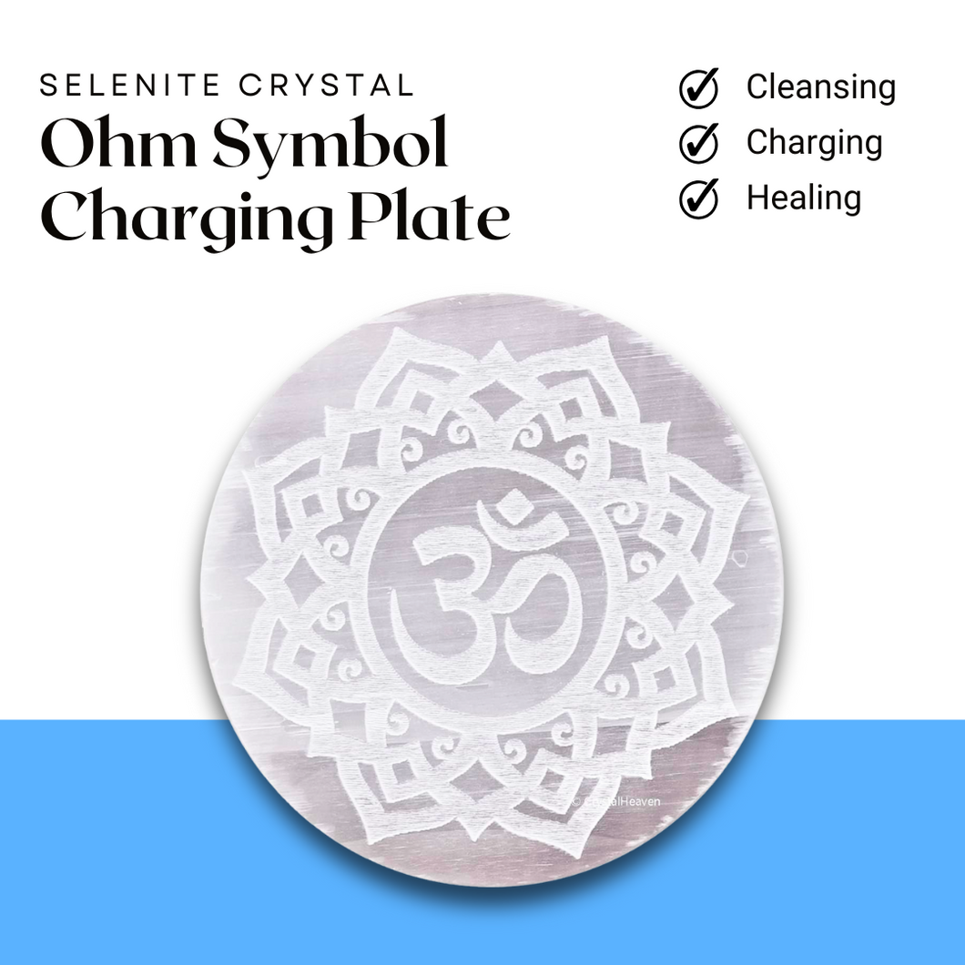 Selenite Charging Plate with Engraved Ohm Symbol for Reiki Healing and Meditation