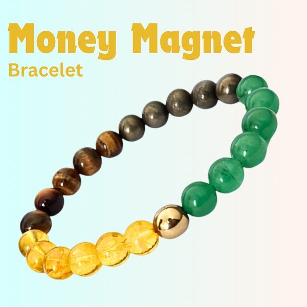 The Golden Pyrite, Money Magnet and 7 chakra bracelet with a focus on its vibrant color and unique texture.