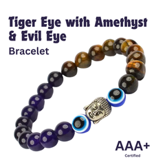 Certified Tiger Eye with Amethyst & Evil Eye Stone Bracelet: A Symbol of Strength, Balance & Positivity  for Unisex