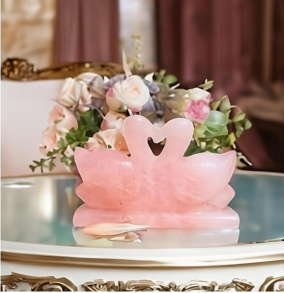 Rose Quartz Stone Swan Pair – Symbol of Love, Healing & Harmony