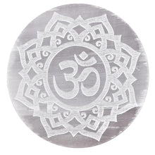 Load image into Gallery viewer, Selenite Charging Plate with Engraved Ohm Symbol for Reiki Healing and Meditation
