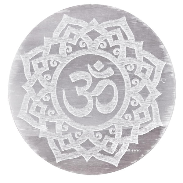 Selenite Charging Plate with Engraved Ohm Symbol — Healing Stone for Reiki Healing, Meditation & Energy Cleansing