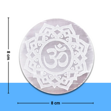 Load image into Gallery viewer, Selenite Charging Plate with Engraved Ohm Symbol for Reiki Healing and Meditation
