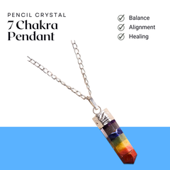 7 Chakra Pencil Pendant with Chain - Helps in Energy Balance, Healing, and Spiritual Growth - Suitable for All