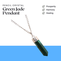 Green Jade Pencil Pendant with Chain - Helps in Prosperity, Harmony, and Emotional Balance - Suitable for All