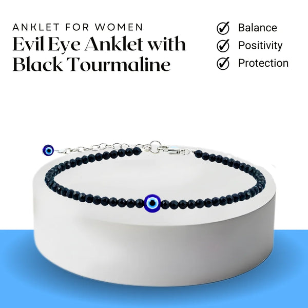 Pack of 2- Evil Eye Anklet with Black Tourmaline – Symbol of Ultimate Protection, Grounding, and Shielding – Nazar Suraksha Combo