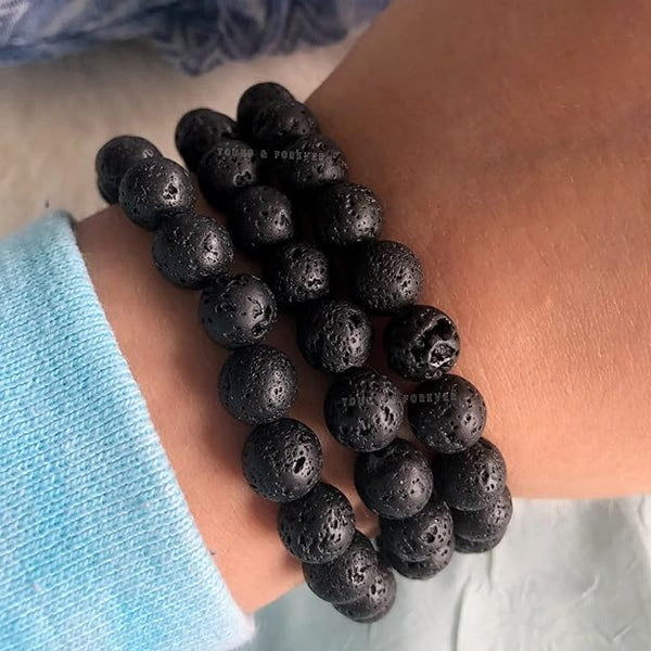 Mystic Ember  Lava Stone Handmade stretchable Power Bracelet For Both Men and Women - Black (Pack of 3)