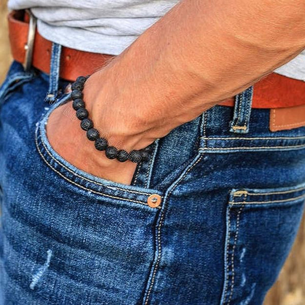 Mystic Ember  Lava Stone Handmade stretchable Power Bracelet For Both Men and Women - Black (Pack of 3)