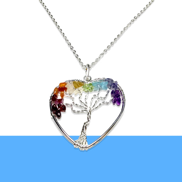 Heart-Shaped 7 Chakra Tree Pendant – Healing Crystals Necklace | Crystal Pendant Chain